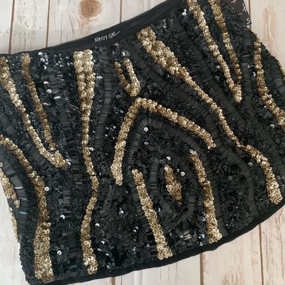 NASTY GAL Sequin Micro Mini Skirt Black Gold Size Medium - Picture 6 of 10
